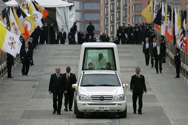Pope Benedict travels, via Popemobile, down the ramp to the pit at Ground Zero.